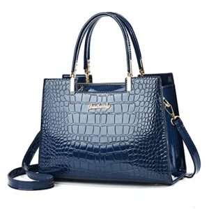caalaay women handbags purse shiny patent leather crocodile pattern top handle handbag satchel bags zipper medium tote bag-blue