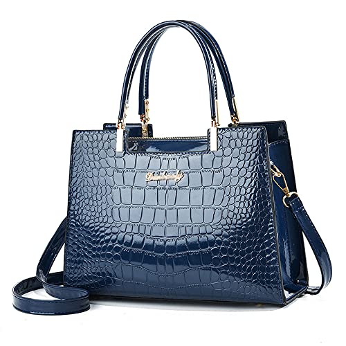 Caalaay Women handbags Purse Shiny Patent Leather Crocodile Pattern Top Handle Handbag Satchel Bags Zipper Medium Tote Bag-Blue