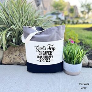 Girls Trip Cheaper Than Therapy 2023 Bag Girl's Trip Girls Weekend Totes Travel Beach Bag Vacation Bag Best Friends Gift (Tri-color Grey, 15"L x 15"H x 3"D)