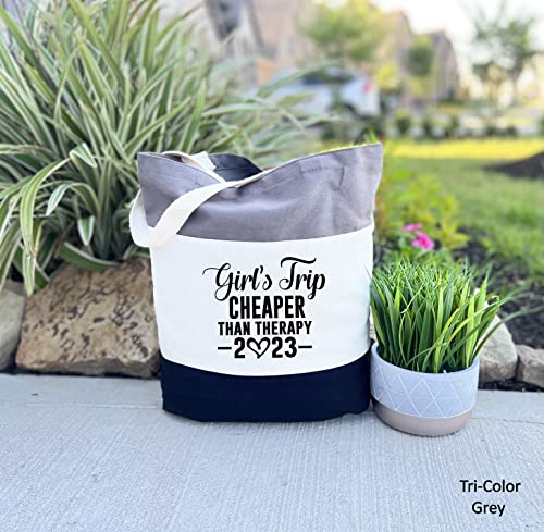 Girls Trip Cheaper Than Therapy 2023 Bag Girl's Trip Girls Weekend Totes Travel Beach Bag Vacation Bag Best Friends Gift (Tri-color Grey, 15"L x 15"H x 3"D)