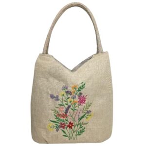 HCRAFT Embroidered Handbags for Women, Large Colorful Flower Shoulder Tote Bag with Zipper,13.8x6.3x14.5, Fabric Tote Bag, Hobo Bags For Women, Mother's Day Bag, Tote Bag Aesthetic with Inner Pocket