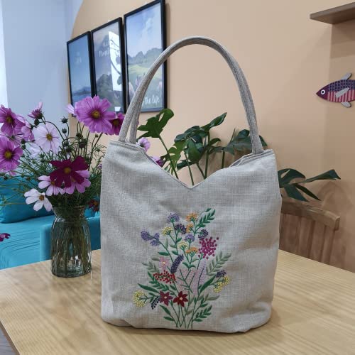 HCRAFT Embroidered Handbags for Women, Large Colorful Flower Shoulder Tote Bag with Zipper,13.8x6.3x14.5, Fabric Tote Bag, Hobo Bags For Women, Mother's Day Bag, Tote Bag Aesthetic with Inner Pocket