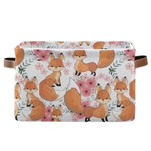 gougeta foldable storage basket with handle, cute jungle fox animal pink flower rectangular canvas organizer bins for home office closet clothes toys 1 pack