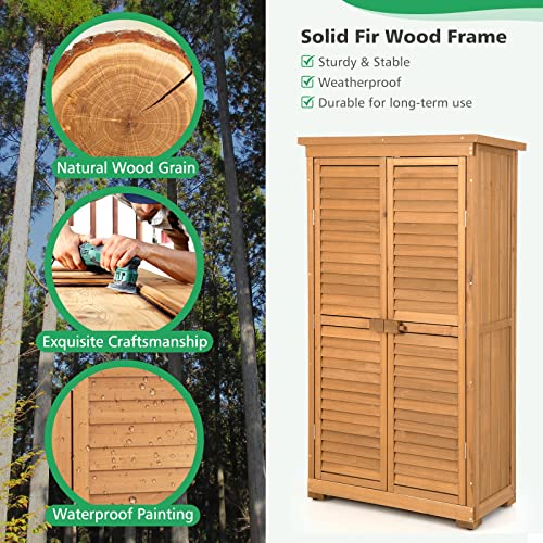 GOFLAME 63” Outdoor Storage Cabinet, Wooden Garden Storage Shed with 3 Removable Shelves, Waterproof Asphalt Roof, Adjustable Footpads, Latch, Outdoor Tall Vertical Tool Shed for Garden Porch Deck
