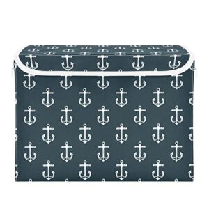 kigai storage basket blue sea anchor nautical storage boxes with lids and handle, large storage cube bin collapsible for shelves closet bedroom living room, 16.5×12.6×11.8 in