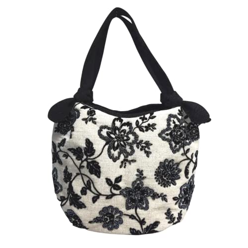 HCRAFT Embroidered Handbags for Women, Beads Flower Shoulder Tote Bag with Zipper,12.6"x5.5"x9", Fabric Tote Bag, Hobo Bags For Women, Tote Bag Aesthetic with Inner Pocket