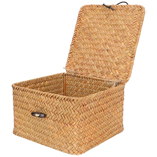 Straw Storages Baskets With Lid: Handwoven Wicker Storage Bins Square Household Organizer Boxes Shelf Wardrobe Organizer Case for Desktop Home Decoration