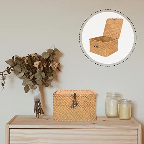 Straw Storages Baskets With Lid: Handwoven Wicker Storage Bins Square Household Organizer Boxes Shelf Wardrobe Organizer Case for Desktop Home Decoration