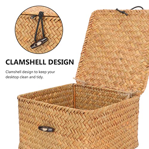 Straw Storages Baskets With Lid: Handwoven Wicker Storage Bins Square Household Organizer Boxes Shelf Wardrobe Organizer Case for Desktop Home Decoration