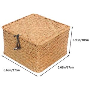 Straw Storages Baskets With Lid: Handwoven Wicker Storage Bins Square Household Organizer Boxes Shelf Wardrobe Organizer Case for Desktop Home Decoration