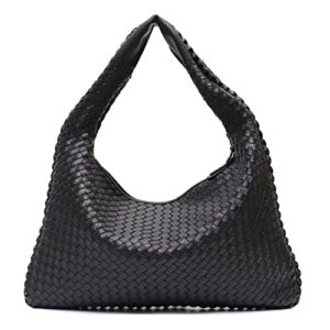 handmade woven hobo women top-handle shoulder bags large capacity shopping dumplings bag casual underarm handbags purses (black)