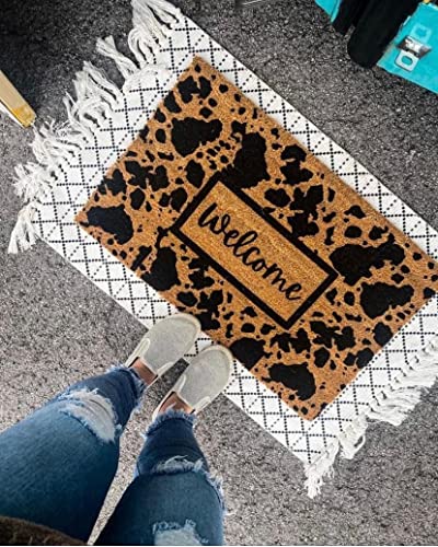 Boho Cow Print Doormat Boho Decor Cow Print Boho Rug Welcome Front Door Mat Outdoor Porch Decor Welcome Doormat Home Gifts Machine Washable Shoe Mat Porch Decor 18x30 Inches