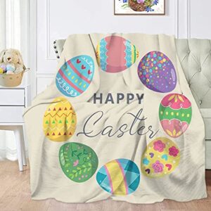 fjpt happy easter colorful eggs throw blanket flannel fleece spring cute blankets soft luxury cozy warm for living room bedroom sofa couch (40″ x 50″)