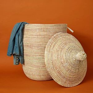 senegal jumbo solid white color hand woven grass basket with hooded lid