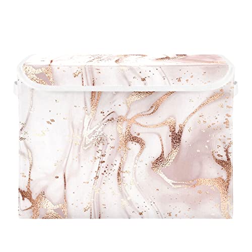 Kigai Storage Basket Rose Gold Abstract Marble Storage Boxes with Lids and Handle, Large Storage Cube Bin Collapsible for Shelves Closet Bedroom Living Room, 16.5x12.6x11.8 In