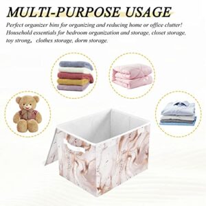 Kigai Storage Basket Rose Gold Abstract Marble Storage Boxes with Lids and Handle, Large Storage Cube Bin Collapsible for Shelves Closet Bedroom Living Room, 16.5x12.6x11.8 In