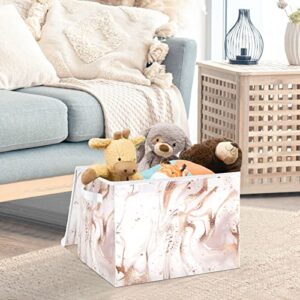 Kigai Storage Basket Rose Gold Abstract Marble Storage Boxes with Lids and Handle, Large Storage Cube Bin Collapsible for Shelves Closet Bedroom Living Room, 16.5x12.6x11.8 In