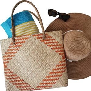 MAYANSHUL Mexican handbag Palm Leaf for Women | Handcrafted by Mexican Artisan | Summer Beach Tote Bag |100% Ecological | Beige and Orange color | Lightweight