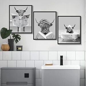 grdenia art funny bathroom decor prints set of 3, black and white highland cow decor reading newspaper take bath animal poster farmhouse bathroom restroom decorations 8×10 unframed housewarming gift