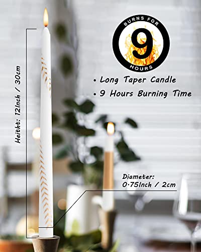 Viyffo 12 Inch White Taper Candles with Gold Leaf, Dripless Tapered Candle Up to 9 Hour+ Burning Time, Unscented and Smokeless Handmade Gift for Events, Dinner, Home Decor, Christmas, Advent