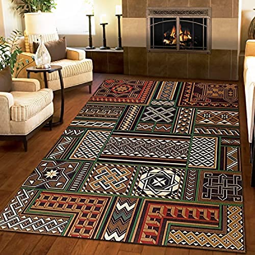 African Style Area Rugs, Traditional Ethnic Geometric Upholstery Living Room Carpet Non-Slip Crystal Flannel for Hotel Office Home Decor Doormat Entrance Hall Yoga Mat 5ftx7ft