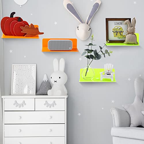 4 Pack Acrylic Floating Wall Shelves 9 Inch Adhesive Shelf Mounted Display Book Shelf for Pop Figure Plant, Speaker, Acrylic Shelve for Bathroom, Bedroom, Gaming Room, Living Room (Green, Orange)