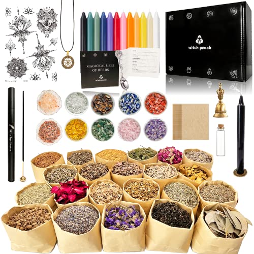 Witchcraft Supplies of Witchy Gifts - 76 PCS Wiccan Supplies and Tools Include Crystals for Witchcraft,Spell Candle,Herbs for Witchcraft