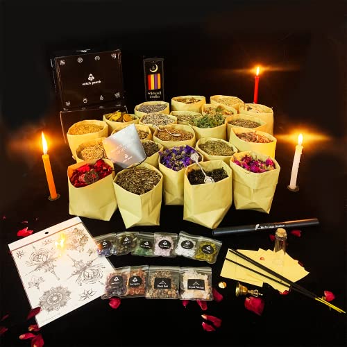 Witchcraft Supplies of Witchy Gifts - 76 PCS Wiccan Supplies and Tools Include Crystals for Witchcraft,Spell Candle,Herbs for Witchcraft