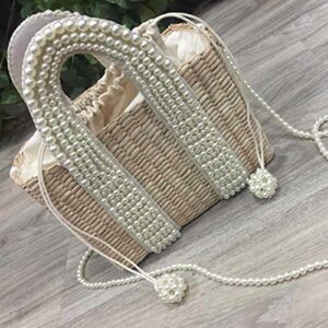 OWLEEN New Women's Bag with Pearl Ladies Tote Handbags Handmade Straw Basket Messenger Bag for Vacation Life, Creamy-white