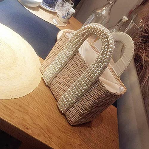 OWLEEN New Women's Bag with Pearl Ladies Tote Handbags Handmade Straw Basket Messenger Bag for Vacation Life, Creamy-white