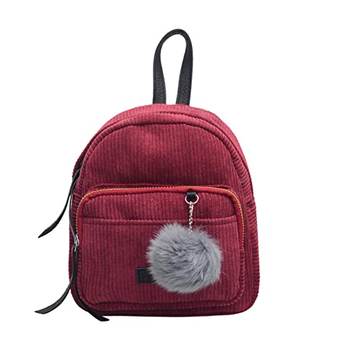 SINSINQUEEN Ladies Corduroy School Backpacks Solid Color Casual Backpack Vintage Travel Backpack for Female Small Mobile phone package (Red)