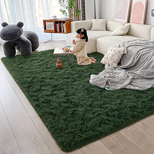 Jocovieh Soft Deep-Green Rugs for Bedroom, 4x6 Feet Fluffy Carpets, Indoor Modern Plush Area Rugs for Living Room Kids Girls Room, Non-Slip Shag Rug for Nursery Home Decor, Deep-Green