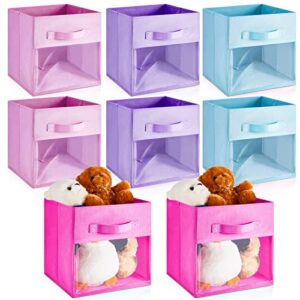 marsui 8 pcs cube storage bins with clear window 11” cube storage organizer bins for closet with front handle collapsible storage cubes fabric baskets box for collection (blue, purple, rose, pink)