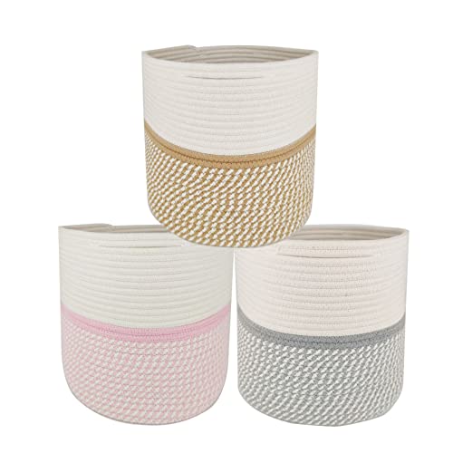 Joyiou Cotton Rope Storage Baskets Bins for Organizing, 3-Pack 11 Inches Round Cube, Fit 12x12''Cube Storage Organizer Bookcases Shelves, Baby Girls Boys Nursery Décor (Mix Khaki, Mix Pink, Mix Grey)