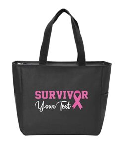 personalized breast cancer awareness zippered tote bag – breast cancer survivor gifts for women – black