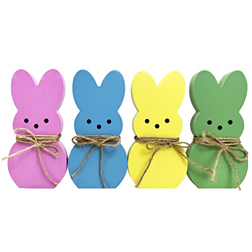 4Pcs Easter Wooden Sign Pink Blue Yellow Green Easter Bunny Wooden Table Centerpieces with Jute Rope Freestanding Rabbit Shape Tabletop Decoration for Home Spring Desk Home Office Farmhouse Decor Gift Party Supplies