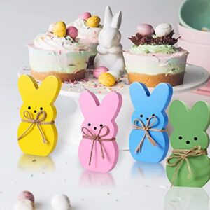 4Pcs Easter Wooden Sign Pink Blue Yellow Green Easter Bunny Wooden Table Centerpieces with Jute Rope Freestanding Rabbit Shape Tabletop Decoration for Home Spring Desk Home Office Farmhouse Decor Gift Party Supplies