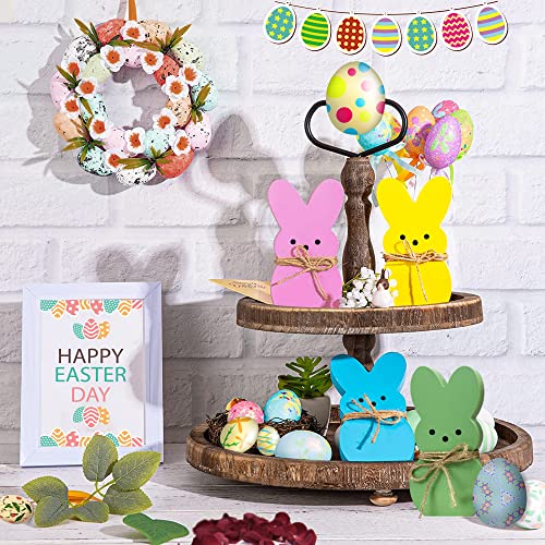 4Pcs Easter Wooden Sign Pink Blue Yellow Green Easter Bunny Wooden Table Centerpieces with Jute Rope Freestanding Rabbit Shape Tabletop Decoration for Home Spring Desk Home Office Farmhouse Decor Gift Party Supplies