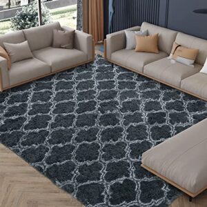 hombys 8×10 fluffy area rug for living room bedroom, super soft geometric modern plush large play carpet for kids, non-skid luxury fuzzy décor shag feet mat for bedside, grey