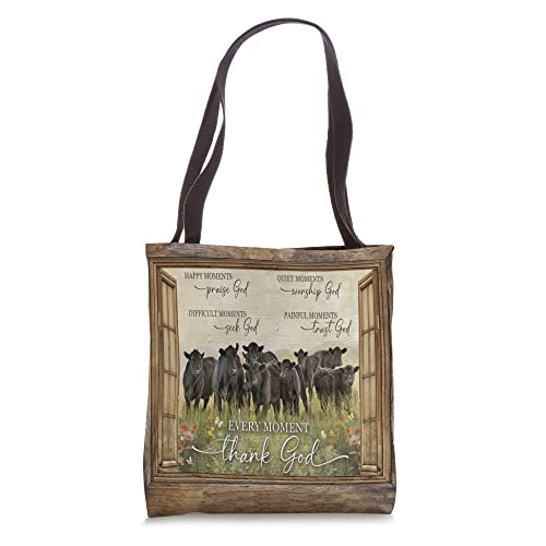 Black Angus Cow Window Frame Flower Field Thank God Tote Bag