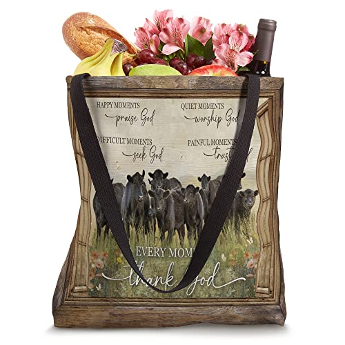 Black Angus Cow Window Frame Flower Field Thank God Tote Bag