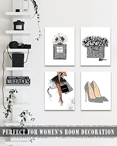 Glam Gray Fashion Wall Decor - Woman Makeup Framed Wall Art - Silver Girly Room Decor - Beauty Room Decor Pictures Arts for Office Bedroom Bathroom Wall Decor - Perfume Handbags High Heels Lipstick Wall Paintings Set of 4, 8x10 in (Framed)