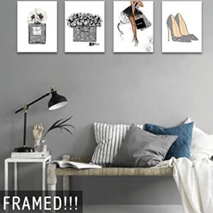 Glam Gray Fashion Wall Decor - Woman Makeup Framed Wall Art - Silver Girly Room Decor - Beauty Room Decor Pictures Arts for Office Bedroom Bathroom Wall Decor - Perfume Handbags High Heels Lipstick Wall Paintings Set of 4, 8x10 in (Framed)