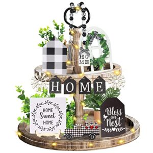 13 PCS Tiered Tray Decor Set, Farmhouse Tray Decor with LED String Lights Beads Garland, Blessed Home Sweet Wooden Sign for Home Kitchen Decor