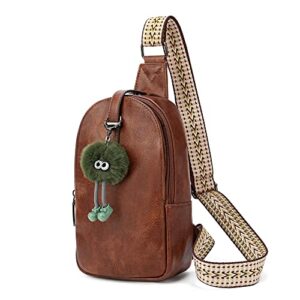 love deliver crossbody bags for women daypack sling bag leather chest bag for traveling send a pendant(light brown)