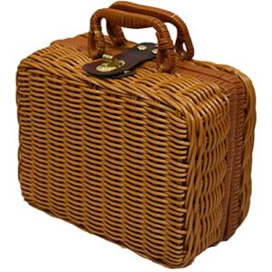 sewacc picnic basket with liner rattan storage basket vintage rattan handbag rustic picnic basket makeup storage case for camping, wedding, valentine day, gift