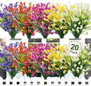 20 bundles artificial flowers for outdoors fake calla lily flowers faux plastic plants uv resistant spring summer flowers for garden porch patio office window box table home decorations, multicolor