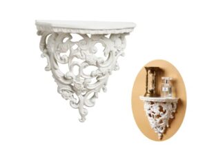 z metnal small victorian decorative floating shelves, wall mounted decor shelves, classic wall display organizer, retro hollow carving art ornament rack, baroque style decorative stand, white, resin