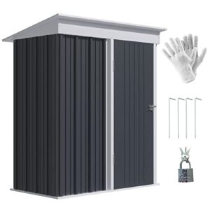 outsunny 5′ x 3′ steel outdoor storage shed, small lean-to shed for garden, tools, tiny metal garage with floor, adjustable shelf, lock and gloves for lawn mower, patio, lawn, dark gray