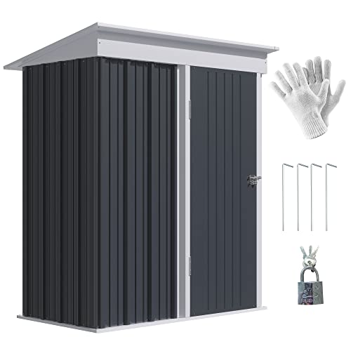 Outsunny 5' x 3' Steel Outdoor Storage Shed, Small Lean-to Shed for Garden, Tools, Tiny Metal Garage with Floor, Adjustable Shelf, Lock and Gloves for Lawn Mower, Patio, Lawn, Dark Gray